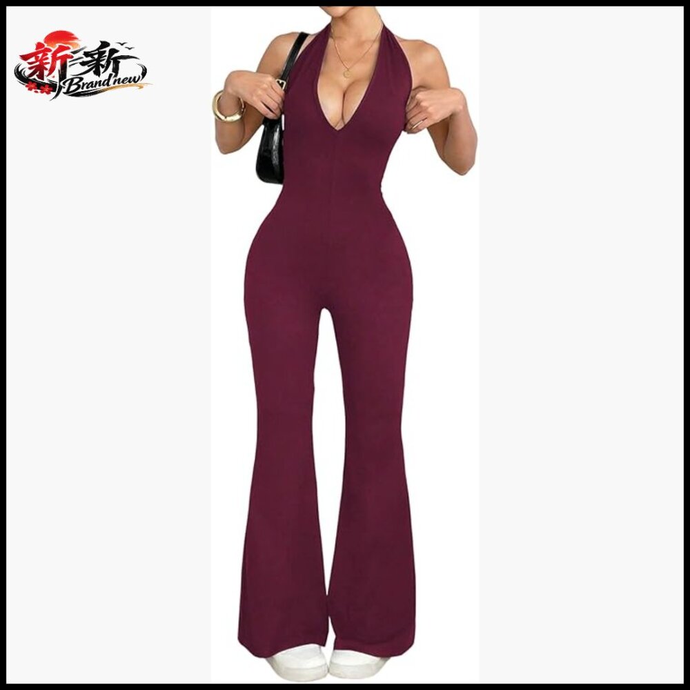 Polyester Elastane Halterneck Backless Flared Jum… - image 1